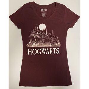 Harry Potter Maroon Short Sleeve T-Shirt Hogwarts Castle at Night L